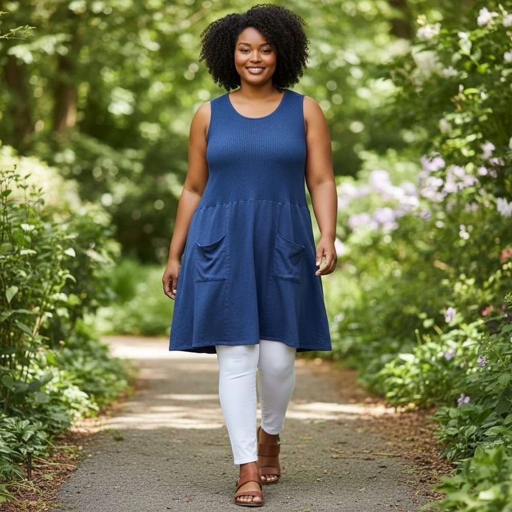 Fenini Blue Cotton Linen Mixed Media Sleeveless Tunic Dress Pockets XXL USA Made
